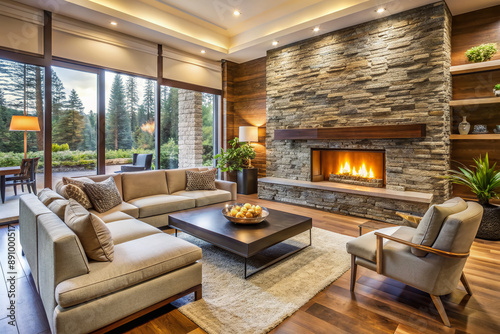 Warm and inviting modern living room interior featuring a stunning stone wall and cozy fireplace, perfect for a luxurious and relaxing atmosphere. © Adisorn