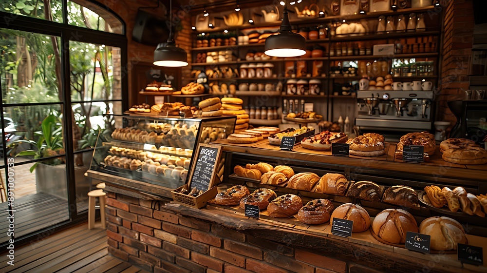 A lively cafe with vibrant lighting and a variety of freshly baked bread, ideal for a morning treat A lively cafe with vibrant lighting and a variety of freshly baked bread, ideal for a morning treat
