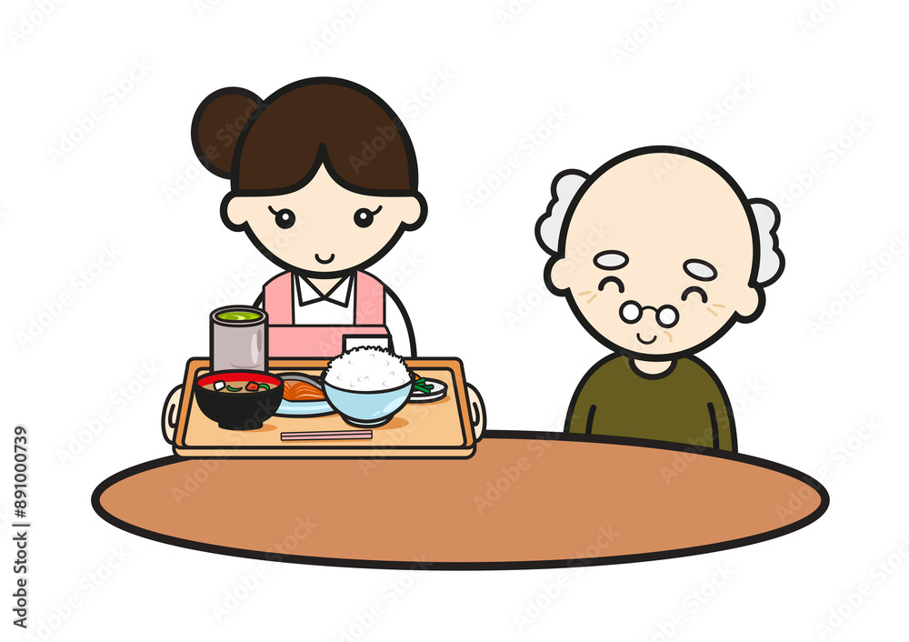 食事を運ぶ介護士とお爺さん 食事を運ぶ介護士とお爺さん