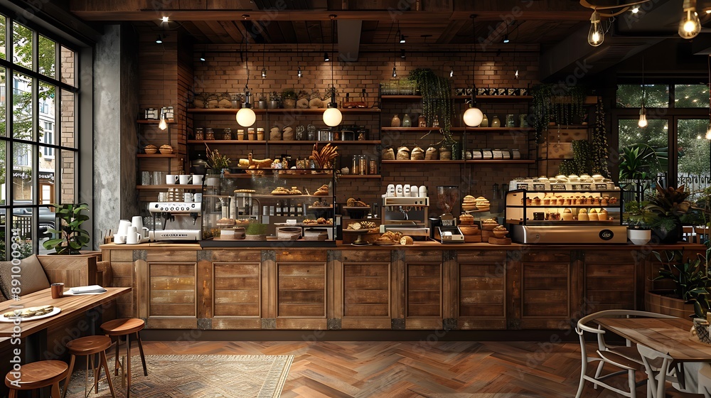 A quiet cafe with a high-end coffee machine and freshly baked muffins, perfect for a peaceful moment A quiet cafe with a high-end coffee machine and freshly baked muffins, perfect for a peaceful moment