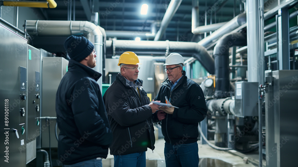 team meeting in a chiller plant discussing system optimization strategies team meeting in a chiller plant discussing system optimization strategies