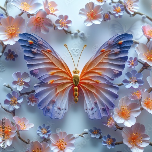 Exquisite craftsmanship: colorful butterfly and flower organic paper sculpture design, an illustration of dreamy romance, perfect for banner, capturing the beauty of nature in intricate detail.