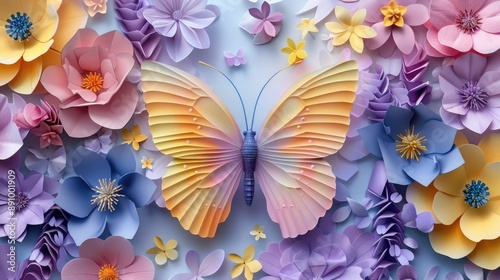Exquisite craftsmanship: colorful butterfly and flower organic paper sculpture design, an illustration of dreamy romance, perfect for banner, capturing the beauty of nature in intricate detail.
