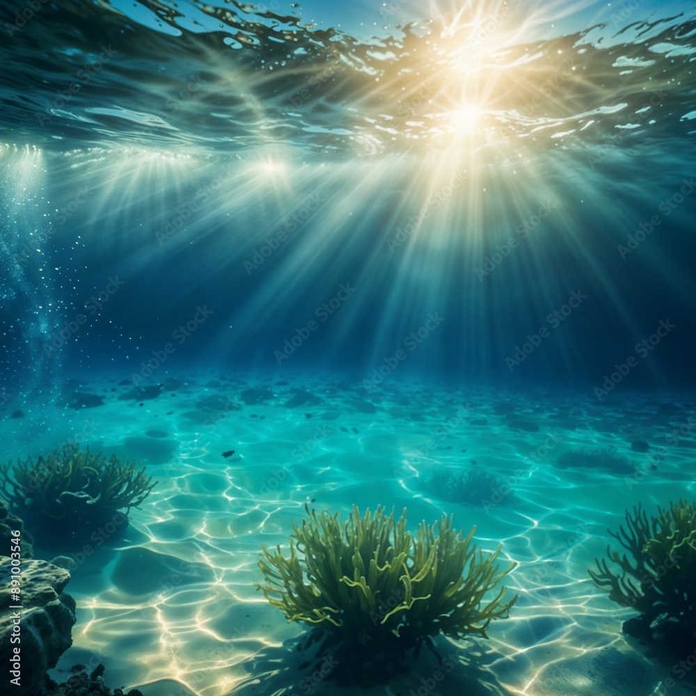 Fototapeta premium Underwater scene with sunlight beams shining through the clear blue-green water, creating a serene and tranquil atmosphere