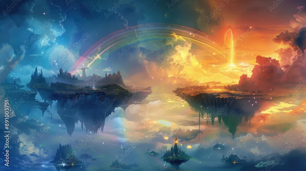 Fototapeta premium Celestial warriors of day and night locked in an eternal battle within a realm of floating islands and ethereal clouds under a celestial rainbow.