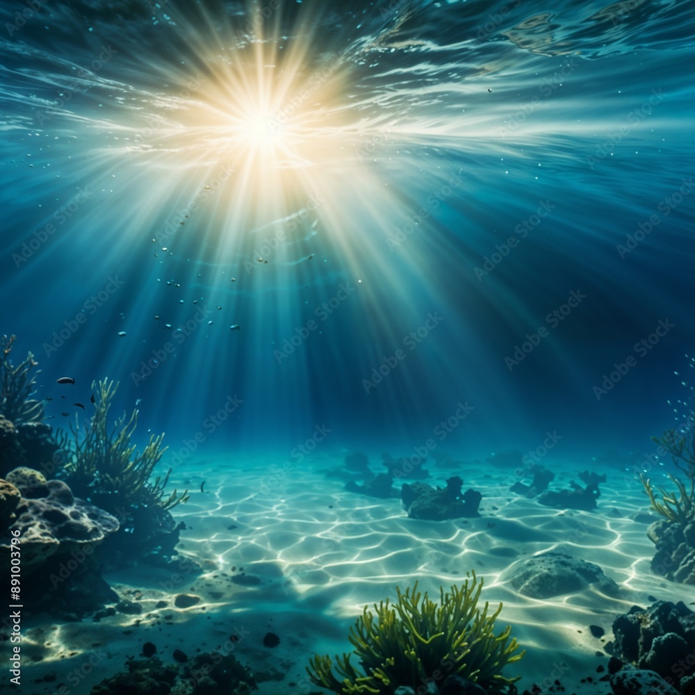 Fototapeta premium Underwater scene with sunlight beams shining through the clear blue-green water, creating a serene and tranquil atmosphere
