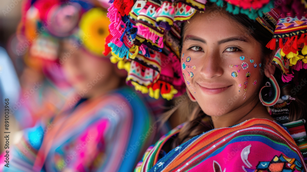 Fototapeta premium A young girl smiling and dressed in vibrant traditional festive costume with colorful decorations and face paint.