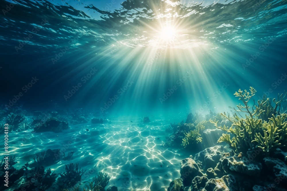 Fototapeta premium Underwater scene with sunlight beams shining through the clear blue-green water, creating a serene and tranquil atmosphere