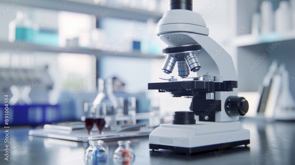 A high-tech microscope in a laboratory, zooming in on cellular structures on a slide, with lab equipment and detailed scientific instruments around A high-tech microscope in a laboratory, zooming in on cellular structures on a slide, with lab equipment and detailed scientific instruments around