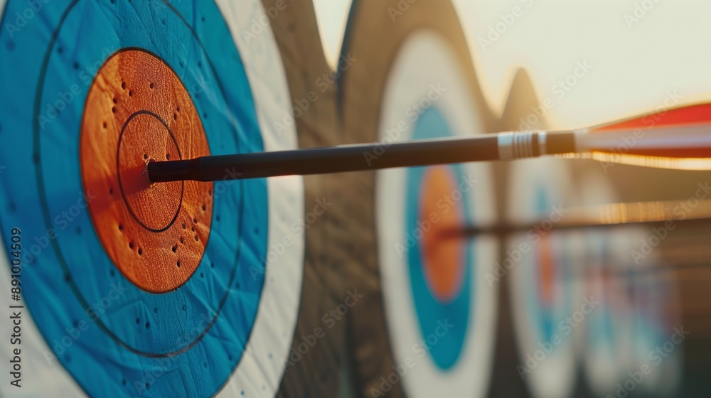A line of targets at dawn, arrows in the bullseye, with a soft morning light A line of targets at dawn, arrows in the bullseye, with a soft morning light