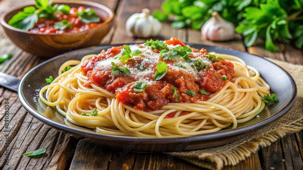 Close-up of a plate of spaghetti with a rich tomato basil sauce, topped with freshly grated parmesan cheese and chopped parsley, served on a rustic wooden table. Close-up of a plate of spaghetti with a rich tomato basil sauce, topped with freshly grated parmesan cheese and chopped parsley, served on a rustic wooden table.
