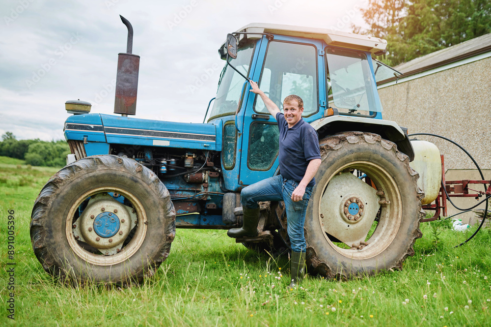 Tractor, farm and portrait of man in field for farming, harvest production and horticulture. Agriculture, countryside and farmer with machine, truck and vehicle for sustainability, produce and nature Tractor, farm and portrait of man in field for farming, harvest production and horticulture. Agriculture, countryside and farmer with machine, truck and vehicle for sustainability, produce and nature