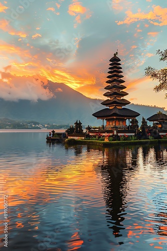 Ancient pura ulun danu bratan, besakih or famous hindu temple and tourist in bali island at sunrise