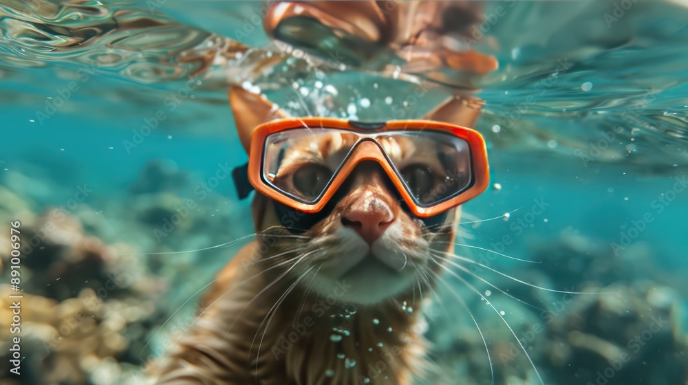 Naklejka premium A diving cat, wearing diving goggles, exploring the underwater 