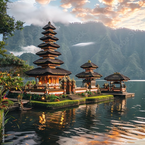 Ancient pura ulun danu bratan, besakih or famous hindu temple and tourist in bali island at sunrise photo