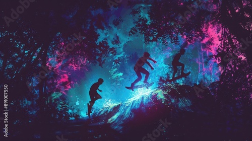 Silhouettes of people jumping in a surreal forest illuminated with vibrant neon lights, creating a mystical night scene.