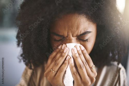 Konstfotografi Sick woman, allergies and blowing nose with tissue for sinus, hayfever or illness at office