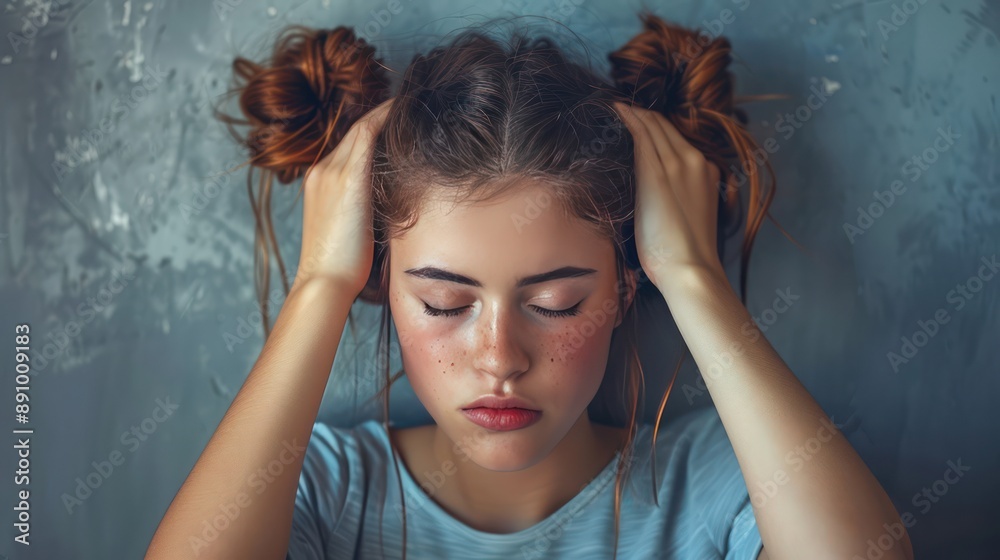 Girl with stress and anxiet closes her ears Girl with stress and anxiet closes her ears