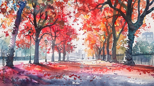 Beautiful watercolors of London city parks with trees.
