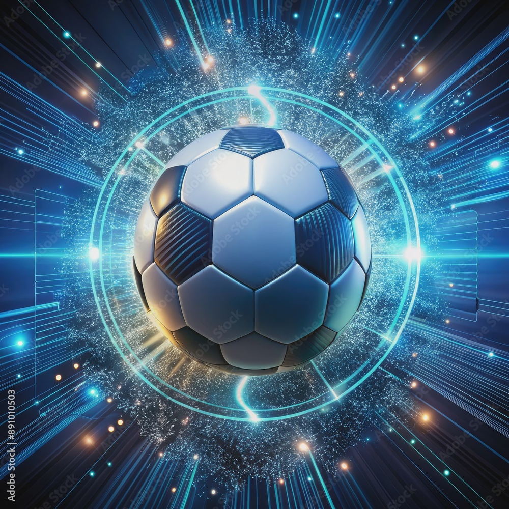 Naklejka premium A futuristic soccer ball with speeding light trails and glitch effects, surrounded by fragments of digital code and circuit boards, symbolizing technology and speed.
