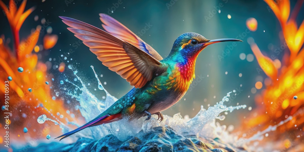 Vibrant bird of paradise hummingbird splashes amidst fiery orange and icy blue hues, its iridescent feathers shimmering with radiant colors against a backdrop of flames and frost. Vibrant bird of paradise hummingbird splashes amidst fiery orange and icy blue hues, its iridescent feathers shimmering with radiant colors against a backdrop of flames and frost.