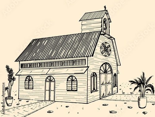 Wooden Church in Line Art