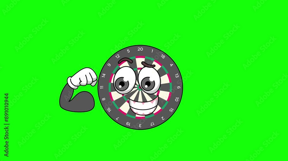 Flexing muscle of dart board cartoon, strong pose mascot animation on a green screen Flexing muscle of dart board cartoon, strong pose mascot animation on a green screen