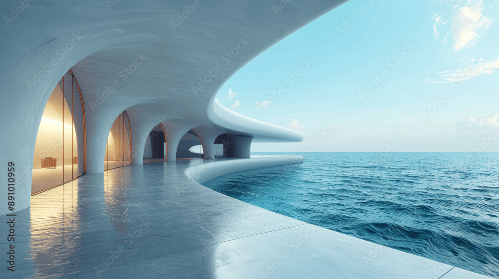3d Render of Modern Abstract Architecture with Concrete Floor and Ocean View 3d Render of Modern Abstract Architecture with Concrete Floor and Ocean View