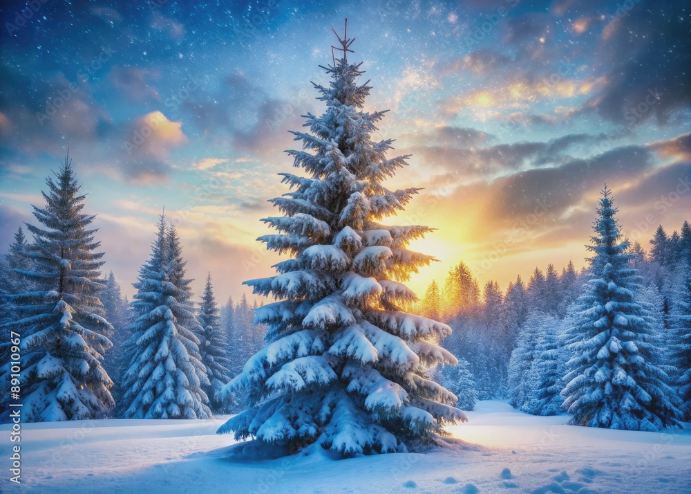 Majestic snow-covered blue spruce tree stands tall in a serene winter forest landscape, surrounded by gentle snowfall and frosty evergreen trees, exuding peaceful atmosphere. Majestic snow-covered blue spruce tree stands tall in a serene winter forest landscape, surrounded by gentle snowfall and frosty evergreen trees, exuding peaceful atmosphere.