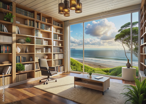 Inviting scenic home office library with expansive views of nature in soft sunlight with ocean beach scenery. Bookshelf in contemporary decorated room. Online zoom presentation meeting room background photo