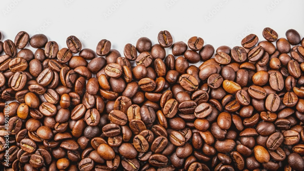 Fototapeta premium Vibrant panoramic arrangement of freshly roasted coffee beans isolated on a white and transparent background, providing ample copy space for creative designs.