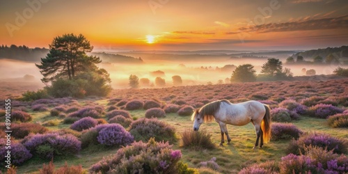 Fototapeta Naklejka Na Ścianę i Meble -  Serene sunrise at Rockford Common, New Forest, UK, featuring a gentle pony grazing amidst vibrant heather, with misty hills and trees in the background.