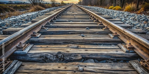 Weathered wooden sleepers align perfectly on a deserted railway track, showcasing intricate textures and grain patterns in a striking black and white landscape.