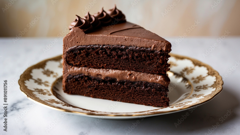 A Slice of Chocolate Fudge Cake with Fudge Frosting on an Ornate Plate A Slice of Chocolate Fudge Cake with Fudge Frosting on an Ornate Plate
