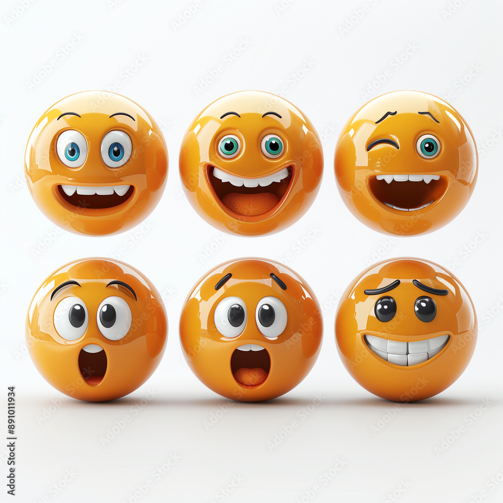 Obraz premium set of glossy emojis depicting different emotions against a white background in the style of a 3d render with vibrant colors