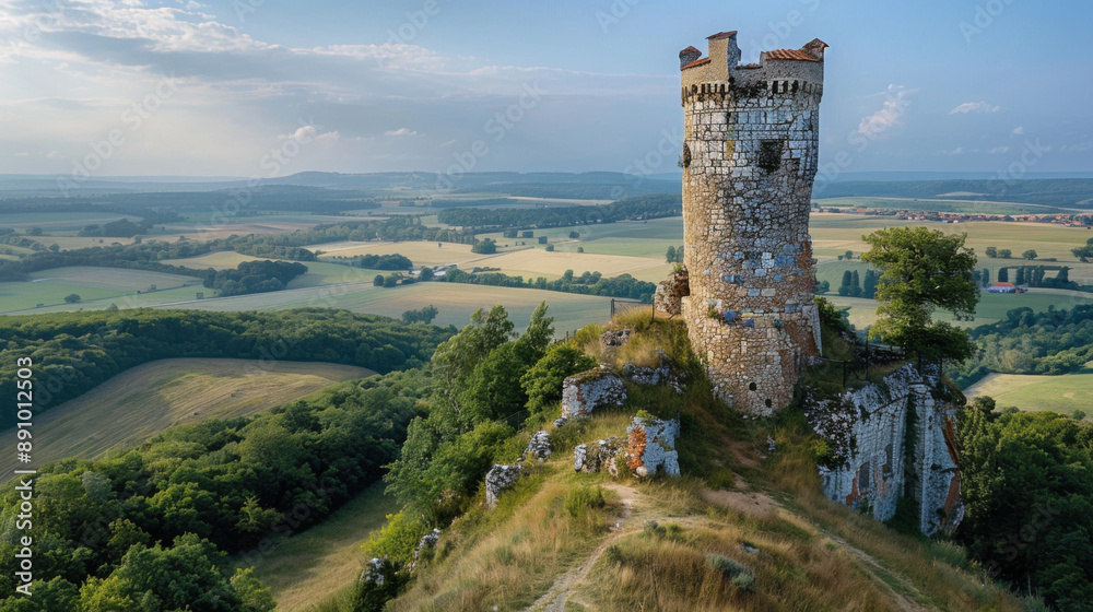 A weathered stone tower stands atop a hill, offering a panoramic view of the surrounding lush countryside and fields. A weathered stone tower stands atop a hill, offering a panoramic view of the surrounding lush countryside and fields.