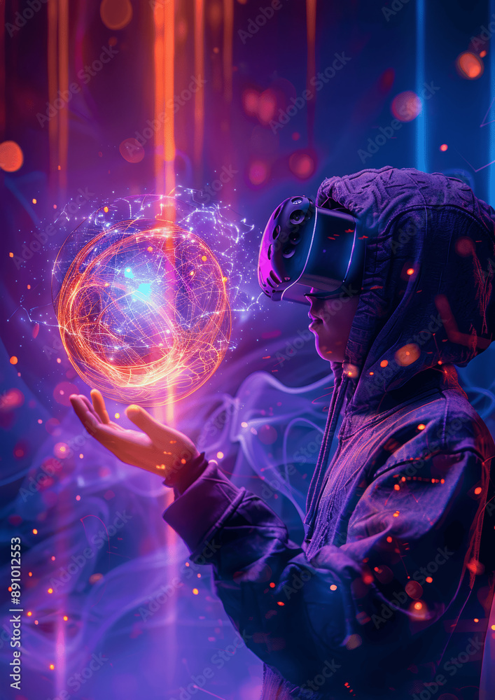 Kid in VR Glasses with Glowing Energy Ball in a Neon Fantasy World