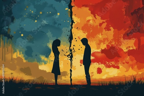 A silhouette of a couple facing different directions. Divorce, marriage clash, breakup, conflict, fight, and separation concepts. Illustration.