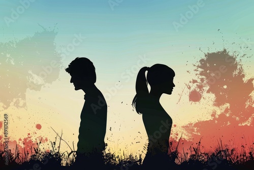 A silhouette of a couple facing different directions. Divorce, marriage clash, breakup, conflict, fight, and separation concepts. Illustration.