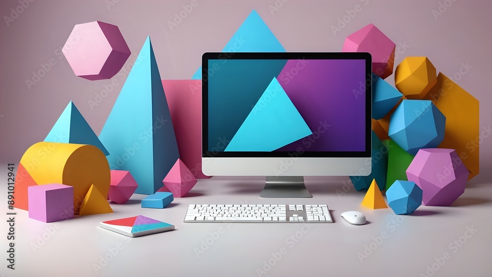 Colorful geometric shapes with a computer, keyboard and mouse. Colorful geometric shapes with a computer, keyboard and mouse.