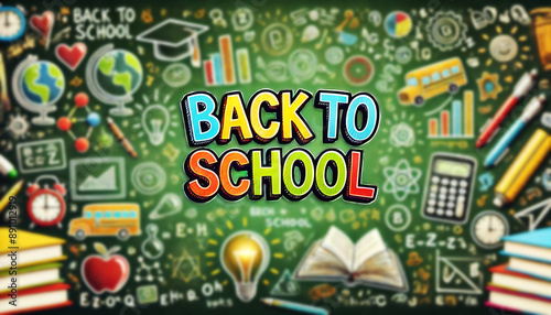 A back-to-school themed with a blurred green chalkboard background