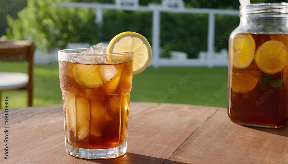 glass of iced tea on a table outside