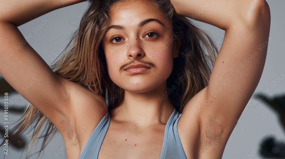 Confident woman with mustache and underarm hair in tank top. Confident woman with mustache and underarm hair in tank top.