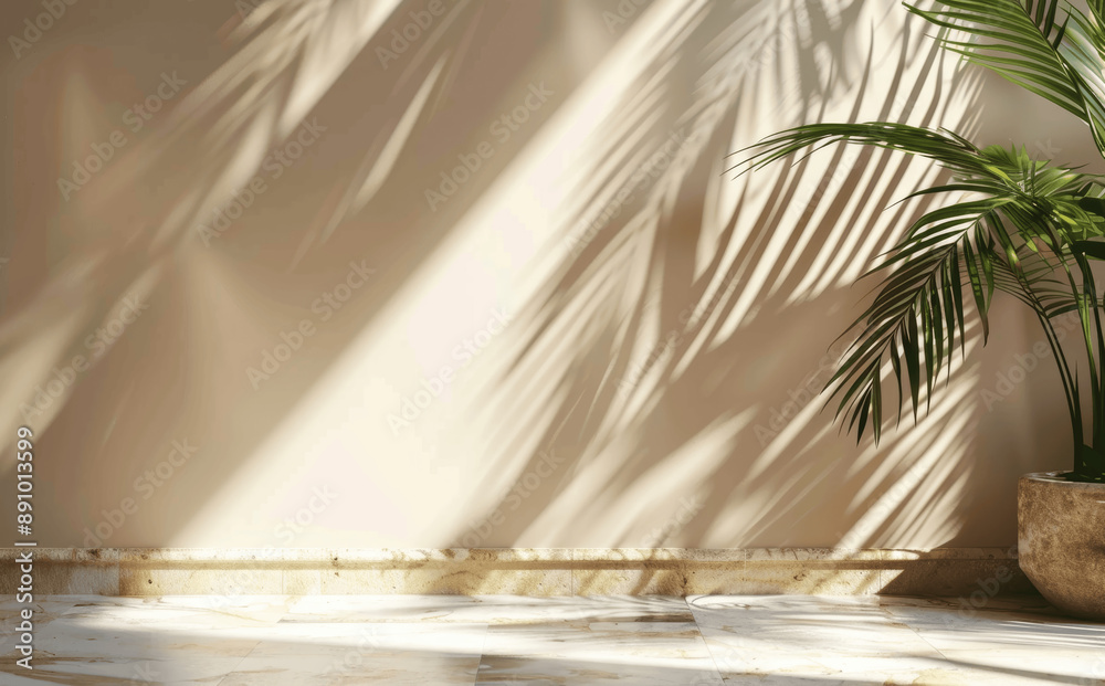 Minimalistic Abstract Light Beige Background for Product Presentation with Shadows of Palm Leaves on Wall and Marble Table in Sunlight Minimalistic Abstract Light Beige Background for Product Presentation with Shadows of Palm Leaves on Wall and Marble Table in Sunlight