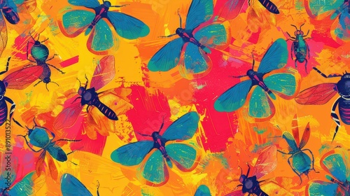 Vibrant Abstract Pattern with Colorful Insects on a Bright Yellow and Orange Background