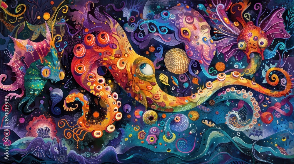 Vibrant Underwater Fantasy Scene with Colorful Sea Creatures and Abstract Marine Life Vibrant Underwater Fantasy Scene with Colorful Sea Creatures and Abstract Marine Life