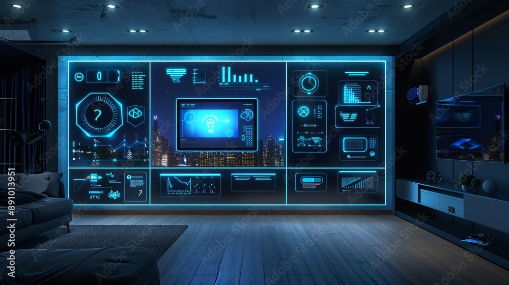 Fototapeta premium Ultra-sharp image of a futuristic smart home interface, holographic controls, minimalist design