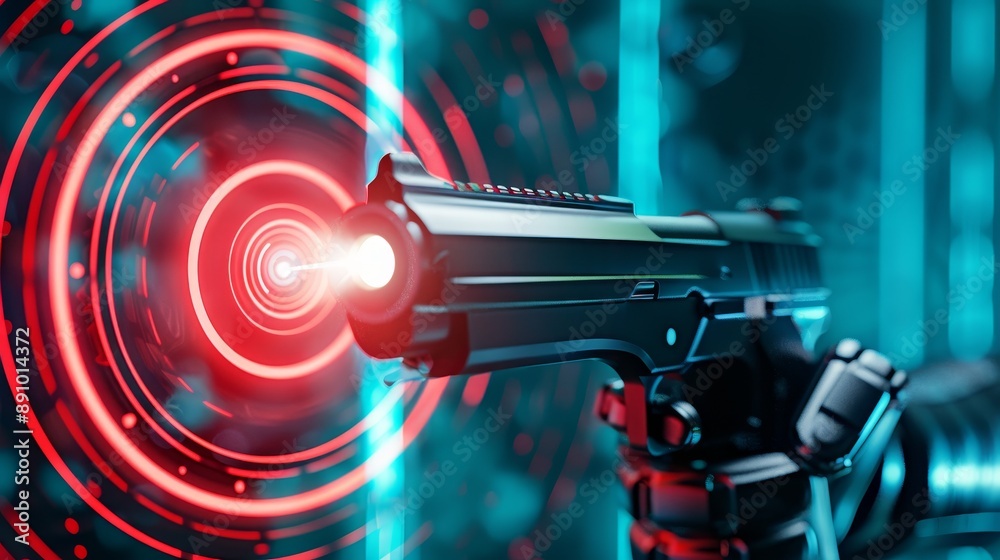 A sci-fi target practice scenario, robotic arm firing a laser at a digital target, concentric rings lighting up upon contact A sci-fi target practice scenario, robotic arm firing a laser at a digital target, concentric rings lighting up upon contact