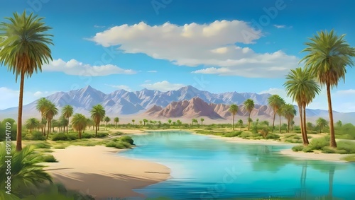 Serene Desert Oasis || Scenic Desert Oasis with Palm Trees and Mountains || AI Generated