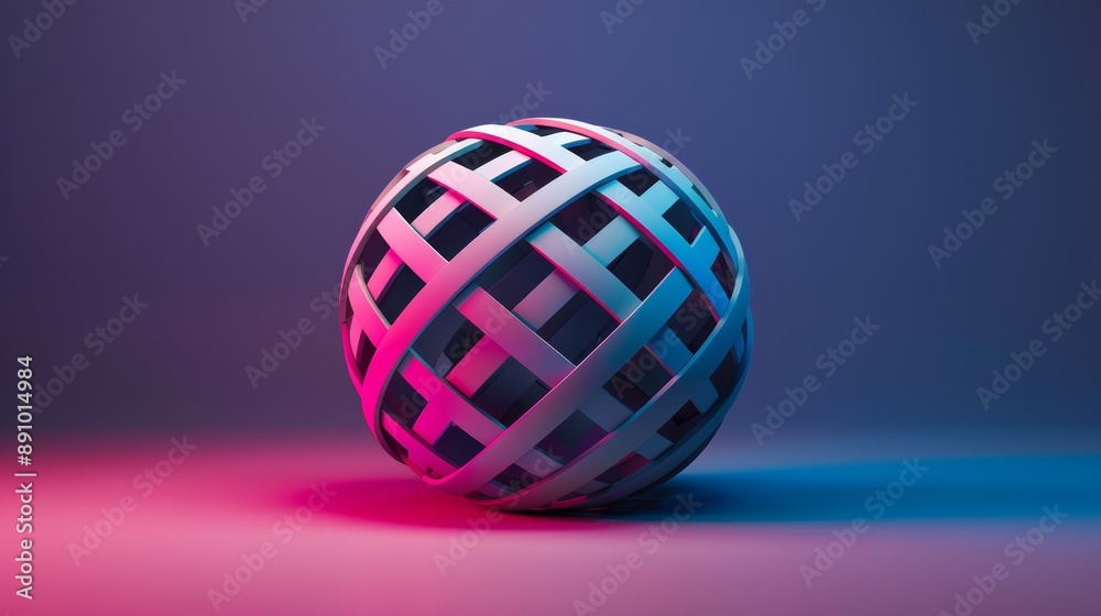 Fototapeta premium Abstract futuristic sphere composed of interlocking geometric shapes, glowing with neon hues and soft shadows